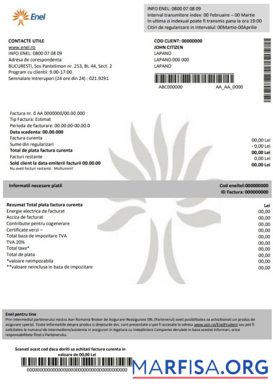 Printable Romania Enel electricity proof of address utility bill template in Word and PDF format (.doc and .pdf)
